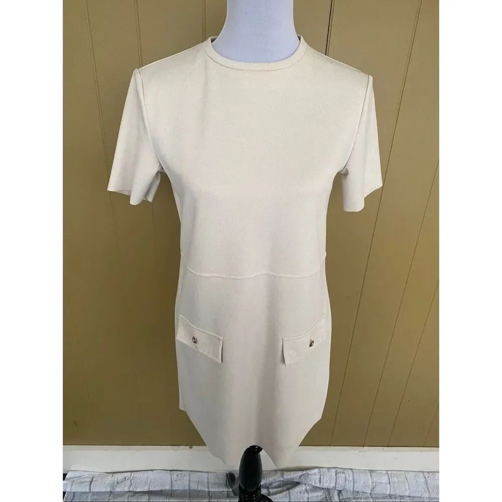 Zara women S crewneck short sleeve shift dress w/decorative faux pockets new
